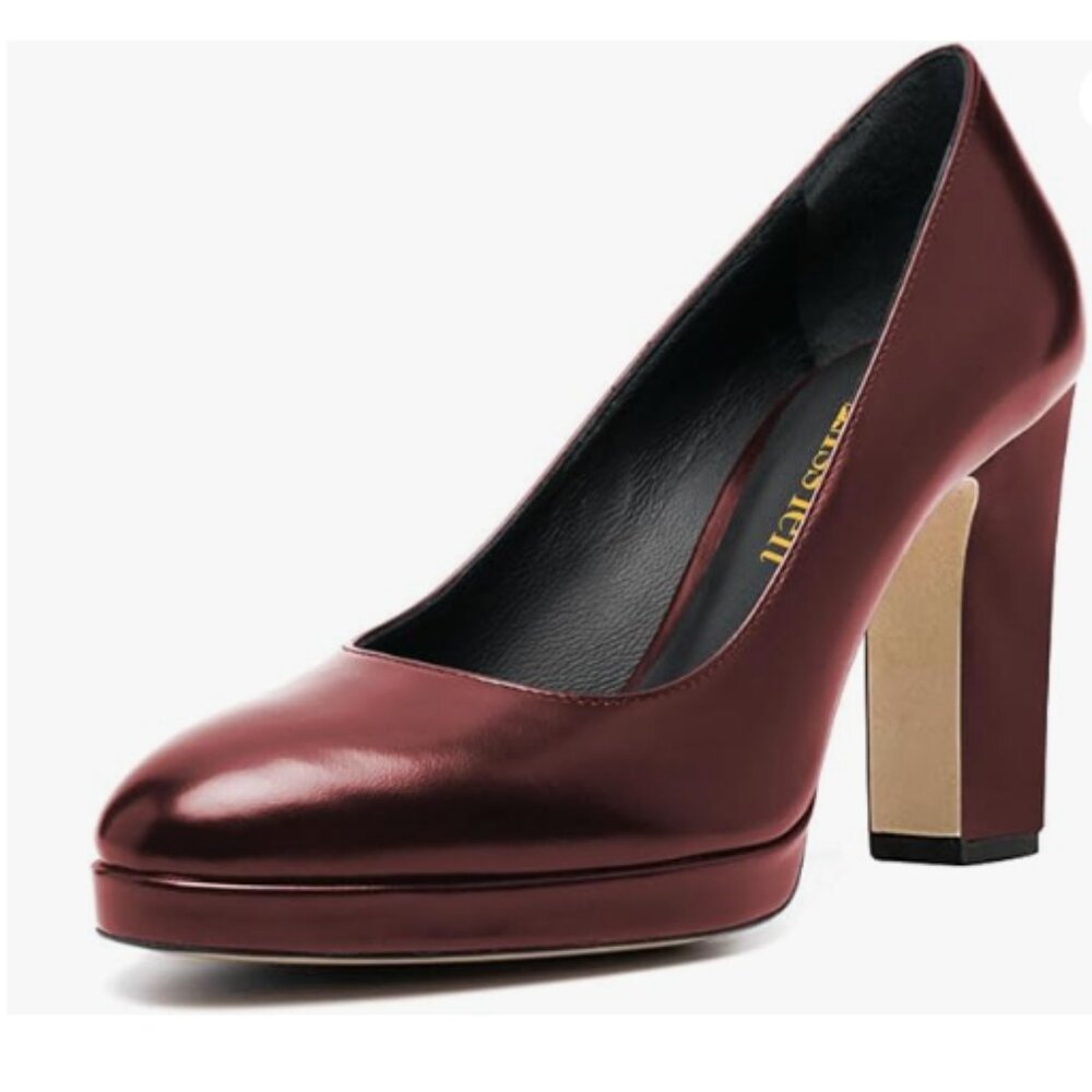 miss left Burgundy Platform Almond Toe Pumps Slip On Block High Heels Shoes